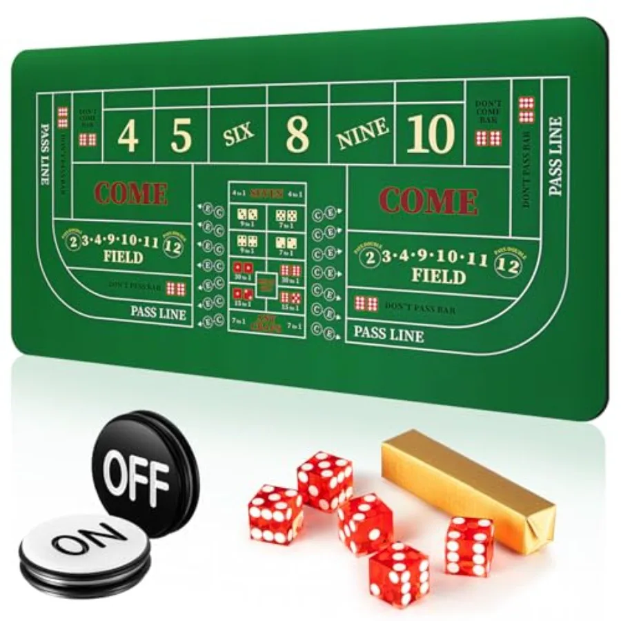 Craps Tabletop Game Set, Includes 35"x70" Rubber Craps Tabletop Layout Mat, Casino Grade AAA 19mm Dice, 3 Inch On/Off Buttons f
Craps Tabletop Game Set, Includes 35"x70" Rubber Craps Tabletop Layout Mat, Casino Grade AAA 19mm Dice, 3 Inch On/Off Buttons f