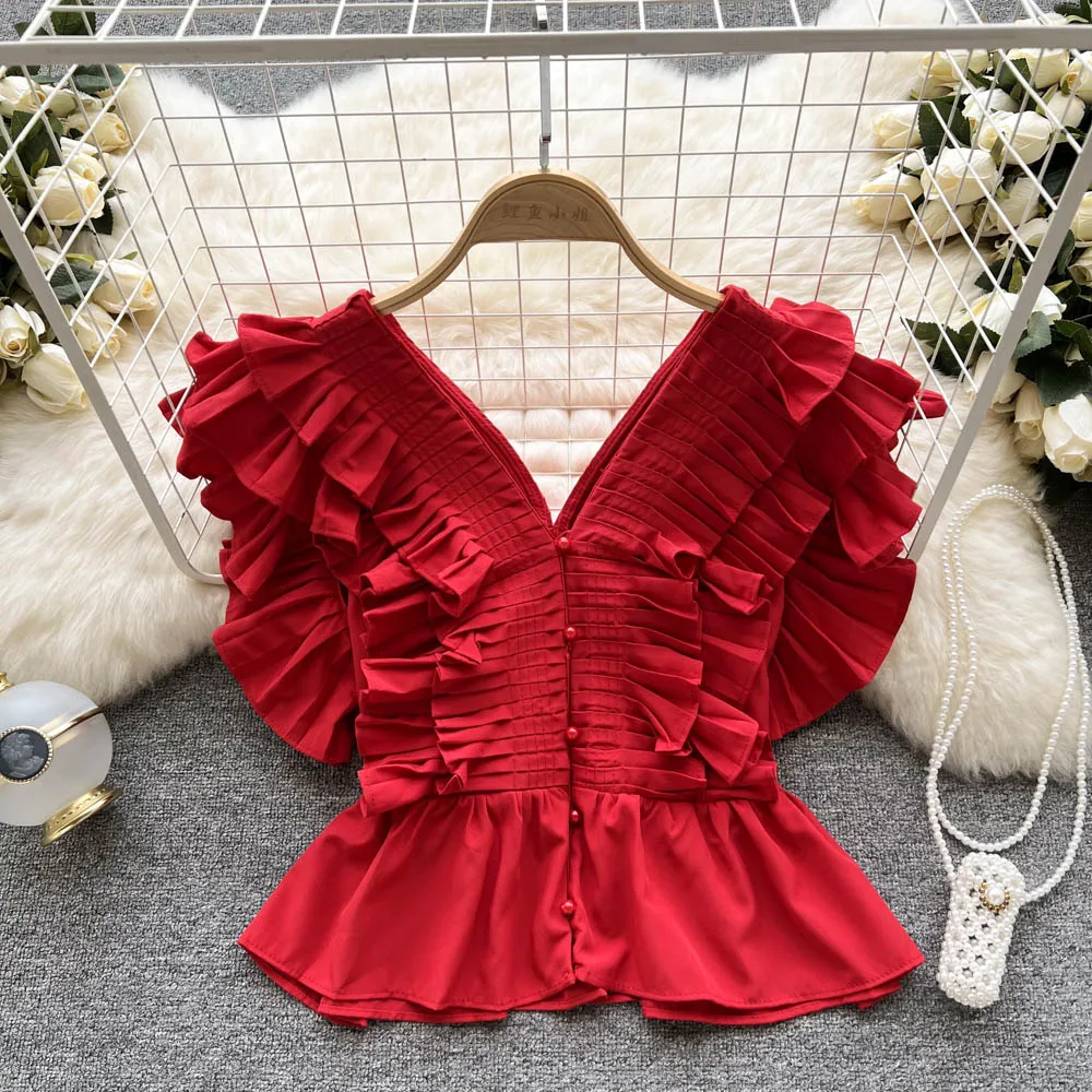 Female Flying Sleeve Pleated Layers Tops Shirts Lady V Front Back Shirts Lolita Sweet Princess Tropical Beach Holiday Pullovers
Female Flying Sleeve Pleated Layers Tops Shirts Lady V Front Back Shirts Lolita Sweet Princess Tropical Beach Holiday Pullovers