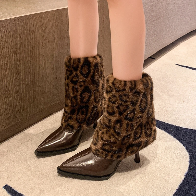 Temperament Stiletto Mid-leg Boots Autumn and Winter New Pointed Toe Paneled Leopard Print Plush Non-slip High Heels
Temperament Stiletto Mid-leg Boots Autumn and Winter New Pointed Toe Paneled Leopard Print Plush Non-slip High Heels