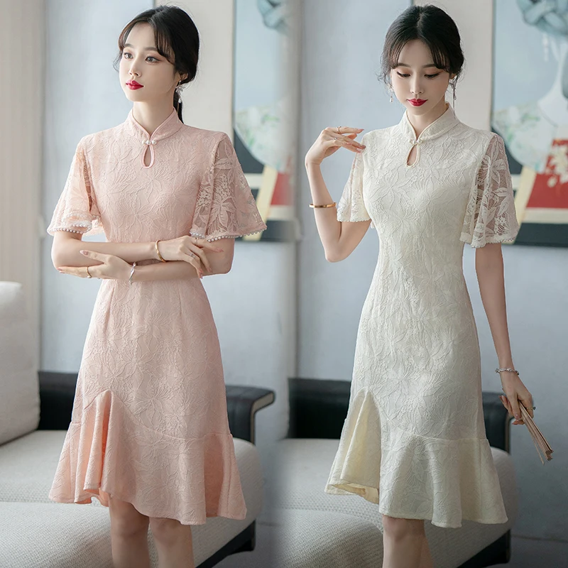 Slimming Effect Lace Collar Qipao Dress Korean Style Loose Fit mid Waist Short Sleeve Midi Skirt for plus Size Women
Slimming Effect Lace Collar Qipao Dress Korean Style Loose Fit mid Waist Short Sleeve Midi Skirt for plus Size Women