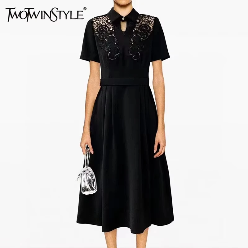 TWOTWINSTYLE Hollow Out Embroidery Dress For Women Lapel Short Sleeve High Waist Patchwork Belt Elegant Dresses Female Fashion
TWOTWINSTYLE Hollow Out Embroidery Dress For Women Lapel Short Sleeve High Waist Patchwork Belt Elegant Dresses Female Fashion