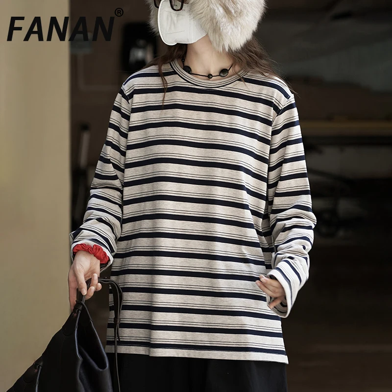FANAN Vintage Striped Contrast Color T-shirt For Women Round Neck Long Sleeve Korean Style Loose Tops Fashion 2025 Autumn New
FANAN Vintage Striped Contrast Color T-shirt For Women Round Neck Long Sleeve Korean Style Loose Tops Fashion 2025 Autumn New