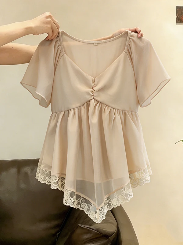 Sweet Large Size V-Neck Short Sleeve Lace Patchwork Mesh Top Women's Summer New Style Soft Breathable Korean Style Blouse
Sweet Large Size V-Neck Short Sleeve Lace Patchwork Mesh Top Women's Summer New Style Soft Breathable Korean Style Blouse