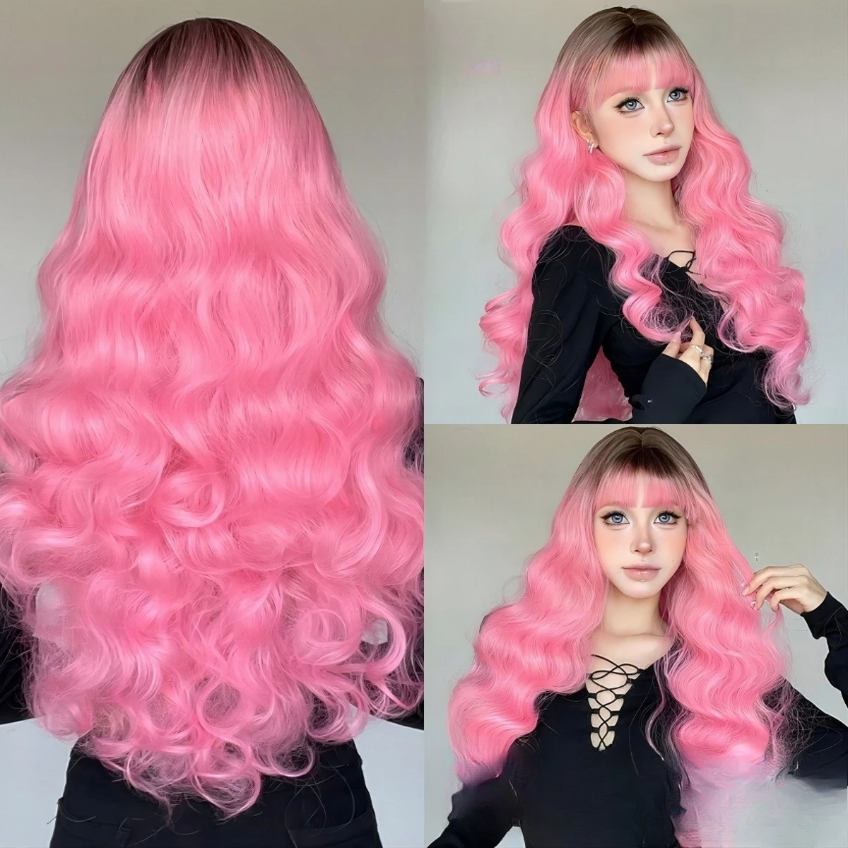 Chemical fiber wig, European and American fashion women's air bangs long pink top dyed black long curly hair COS full headgear
Chemical fiber wig, European and American fashion women's air bangs long pink top dyed black long curly hair COS full headgear