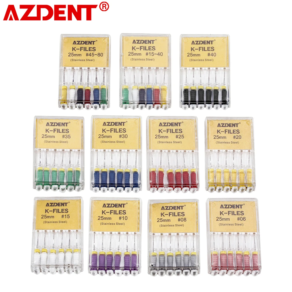 6PCS/Box Dental Endo K-Files AZDENT Hand Use Root Canal File Stainless Steel 21mm & 25mm 06#-40# Dentistry Tool Instrument
6PCS/Box Dental Endo K-Files AZDENT Hand Use Root Canal File Stainless Steel 21mm & 25mm 06#-40# Dentistry Tool Instrument