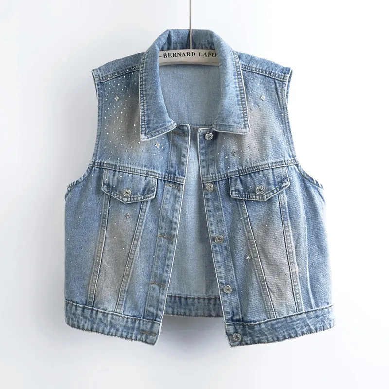 Summer Women Vintage Washed Light Blue Short Denim Vest Fashion Rhinestones Lapel Single-Breasted Sleeveless Cowboy Waistcoat
Summer Women Vintage Washed Light Blue Short Denim Vest Fashion Rhinestones Lapel Single-Breasted Sleeveless Cowboy Waistcoat