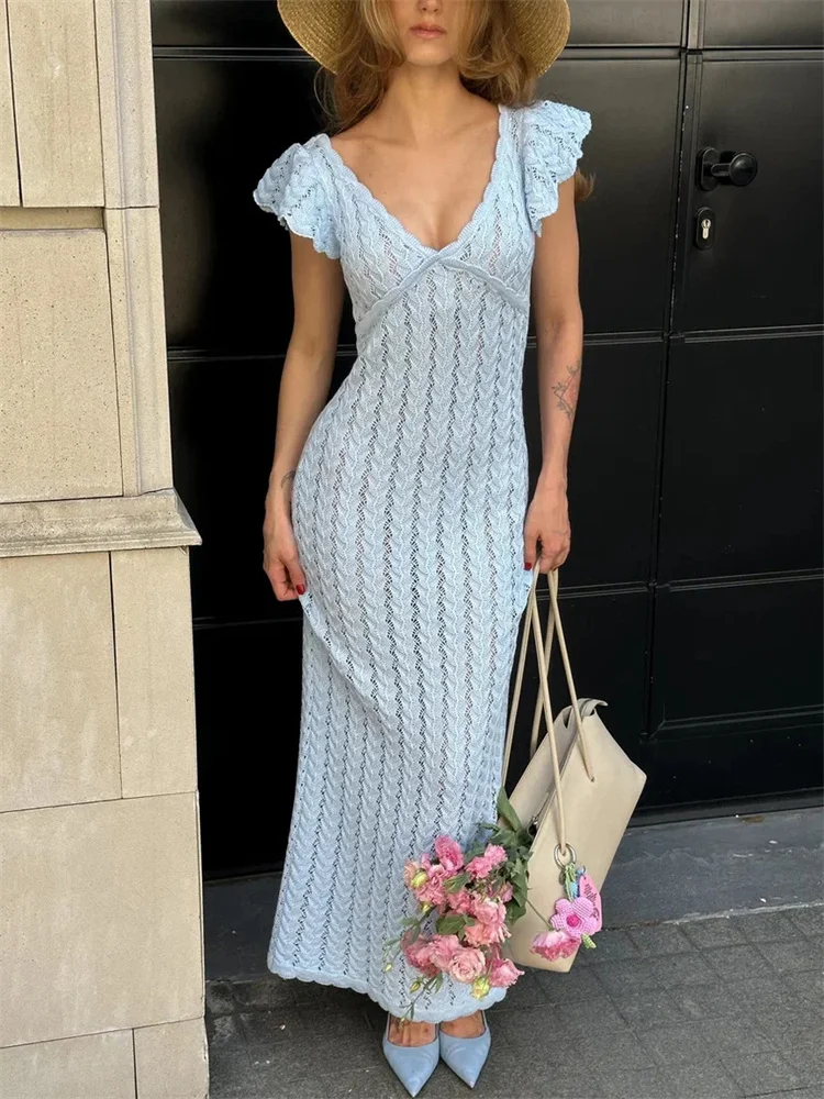 Summer Women V-Neck Fashion Patchwork See-Through Beach Holiday Dress Knitwear Female Dress Ruffled Hollow Out Knit Long Dress
Summer Women V-Neck Fashion Patchwork See-Through Beach Holiday Dress Knitwear Female Dress Ruffled Hollow Out Knit Long Dress