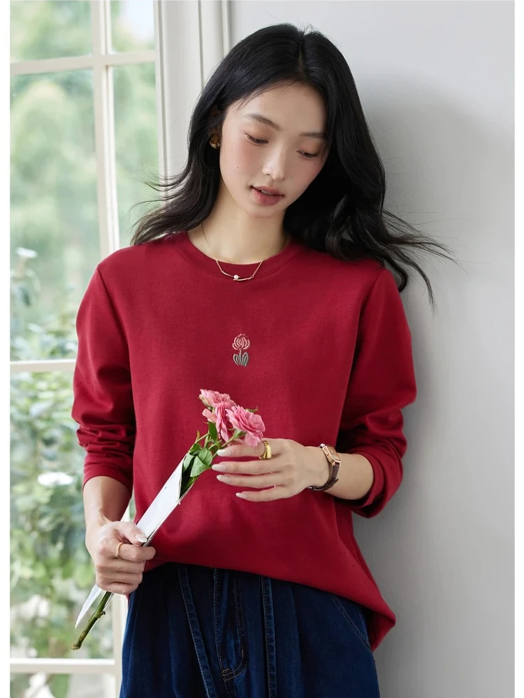 VIMLY Woman Fashion Red Long Sleeve T-shirts Casual Tulip Embroidery Round Neck Tees Autumn 2025 Loose Knitted Female Tops A2132
VIMLY Woman Fashion Red Long Sleeve T-shirts Casual Tulip Embroidery Round Neck Tees Autumn 2025 Loose Knitted Female Tops A2132
