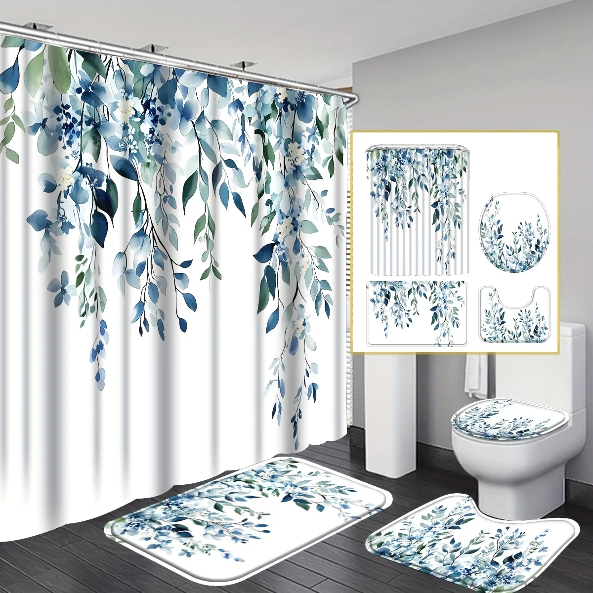 Elegant Blue Watercolor Floral Print Shower Curtain Four-Piece Set - Modern Bathroom Decor for a Serene and Stylish Ambiance
Elegant Blue Watercolor Floral Print Shower Curtain Four-Piece Set - Modern Bathroom Decor for a Serene and Stylish Ambiance