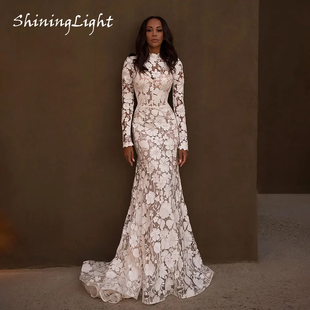 ShiningLight Romantic Floral Lace Mermaid Wedding Dresses High Neck Vestidos Long Sleeve Boho Bridal Gown Sweep Train Customized
ShiningLight Romantic Floral Lace Mermaid Wedding Dresses High Neck Vestidos Long Sleeve Boho Bridal Gown Sweep Train Customized