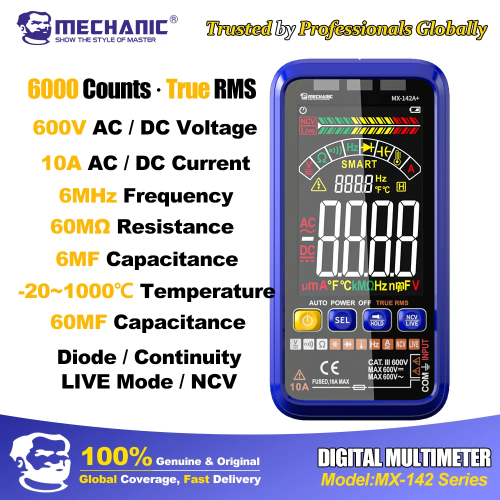 MECHANIC Профессиональный цифровой мультиметр True RMS Измеритель напряжения AC/DC Емкость Ом Гц Диод Тестер цепей Зарядка через USB
MECHANIC Профессиональный цифровой мультиметр True RMS Измеритель напряжения AC/DC Емкость Ом Гц Диод Тестер цепей Зарядка через USB