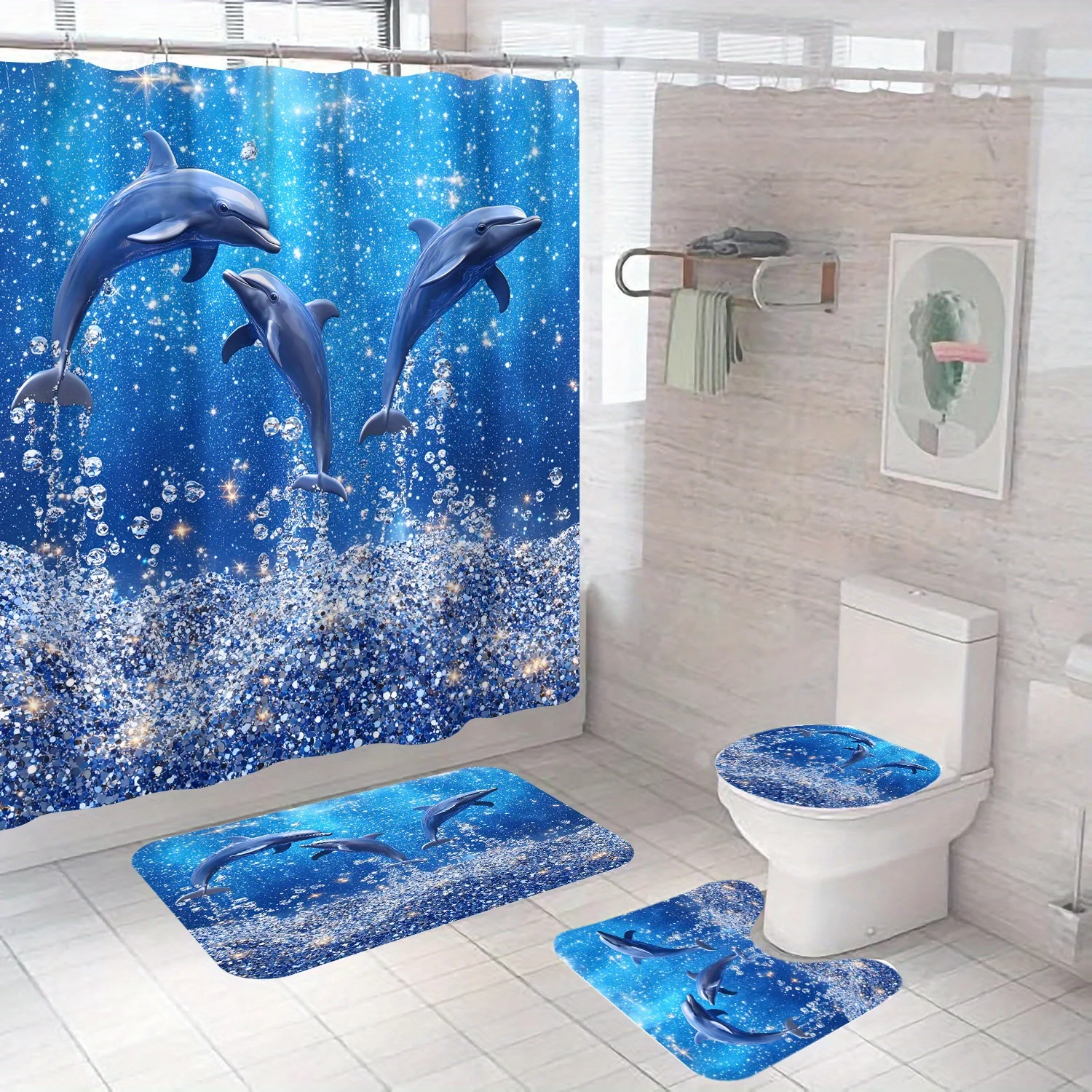 Shower Curtain 4pcs/set Crystal Ocean Dolphin Shower Curtain Polyester Bathroom Curtain with 12 Hooks Waterproof Machine Washable Coastal Sea Animal Bathroom Decor for Home Room Hotel Ocean Theme Bath Accessories
Shower Curtain 4pcs/set Crystal Ocean Dolphin Shower Curtain Polyester Bathroom Curtain with 12 Hooks Waterproof Machine Washable Coastal Sea Animal Bathroom Decor for Home Room Hotel Ocean Theme Bath Accessories