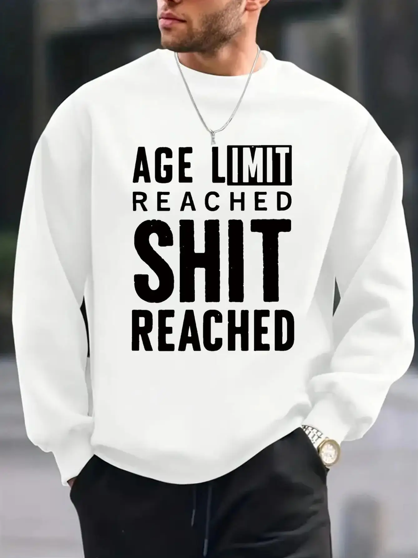 Мужской забавный свитер с принтом для взрослых - "AGE LIMITED - REACHED SHIT REACHED" Slogan, белый с B
Мужской забавный свитер с принтом для взрослых - "AGE LIMITED - REACHED SHIT REACHED" Slogan, белый с B