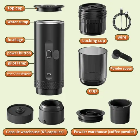 Wireless Electric Espresso Coffee Machine for Car & Home Camping Portable Coffee Maker 2-in-1 Capsule Powder Travel Coffee Maker