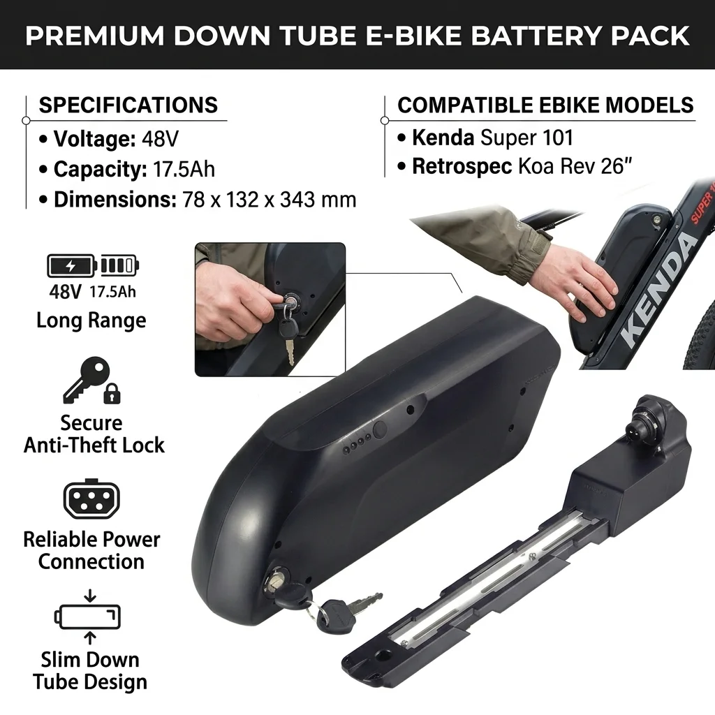 Kenda Super 101 Removable e-bike battery 48V 17.5ah for Retrospec Koa Rev 26" Electric Fat Tire Bike
Kenda Super 101 Removable e-bike battery 48V 17.5ah for Retrospec Koa Rev 26" Electric Fat Tire Bike