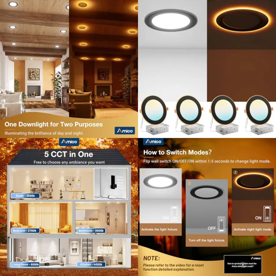 4 Pack 6 Inch 5CCT LED Recessed Ceiling Light with Night Light, 2700K-5000K Selectable Ultra-Thin Recessed Lighting, 12W=110W,
4 Pack 6 Inch 5CCT LED Recessed Ceiling Light with Night Light, 2700K-5000K Selectable Ultra-Thin Recessed Lighting, 12W=110W,