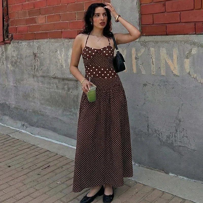 Polka Dots Halter Sling Dress For Women Retro Pleated Sexy Backless Maxi Dress Vacation Party Fashion Dress Lady Elegant
Polka Dots Halter Sling Dress For Women Retro Pleated Sexy Backless Maxi Dress Vacation Party Fashion Dress Lady Elegant