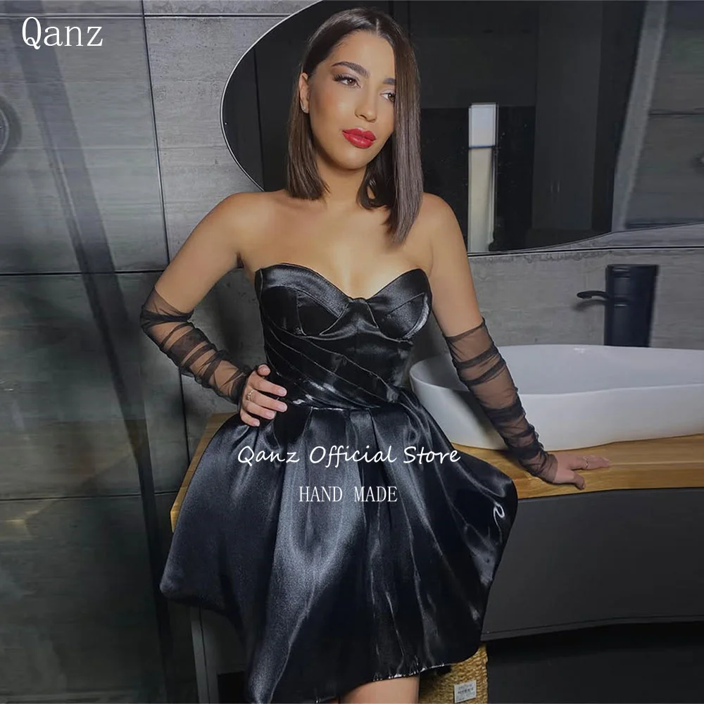 Qanz black mini prom dresses satin sweetheart short a line party dress lace up back vestidos para eventos especiales Customized
Qanz black mini prom dresses satin sweetheart short a line party dress lace up back vestidos para eventos especiales Customized