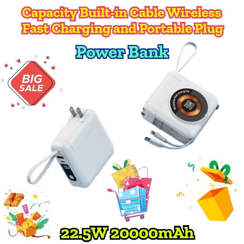 20000mAh Power Bank Capacity Built-in Cable Wireless Fast Charging and Portable Plug
20000mAh Power Bank Capacity Built-in Cable Wireless Fast Charging and Portable Plug