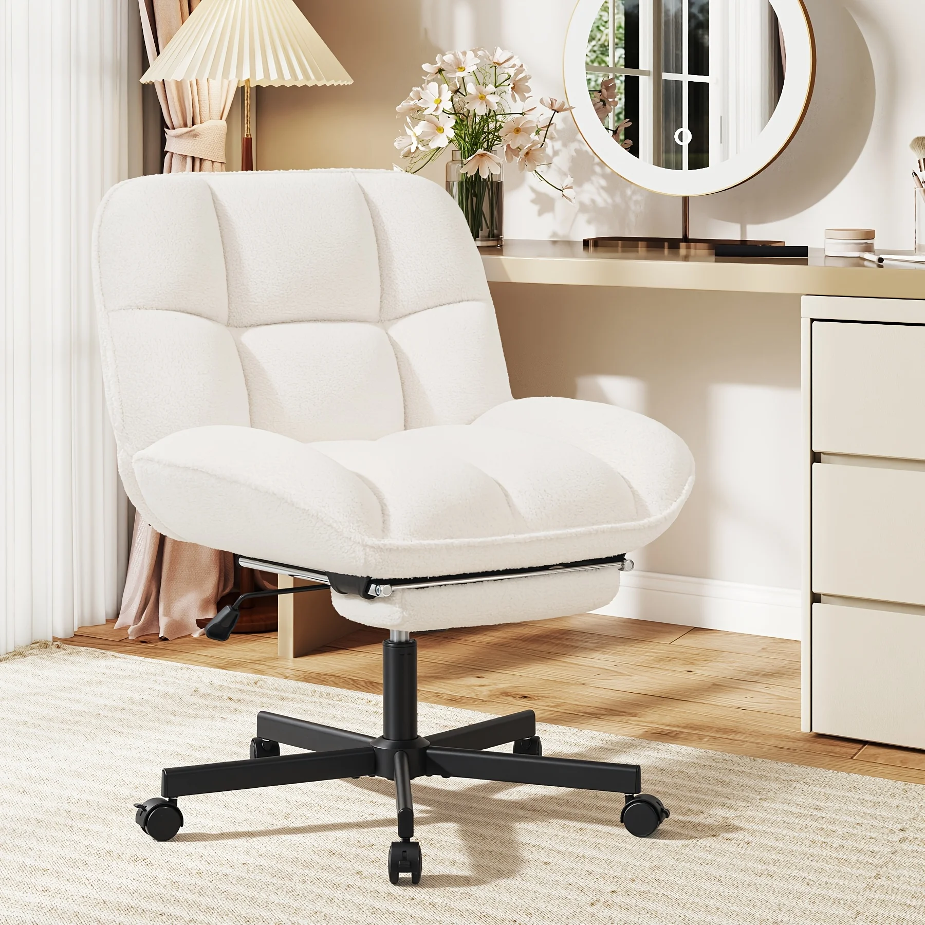 Vanity Chair with Footrest, Teddy Fleece Vanity Chair, Height Adjustable Swivel Desk Chair, 90°-120° Recline, with Wheels, for Bedroom, Home Office, Makeup
Vanity Chair with Footrest, Teddy Fleece Vanity Chair, Height Adjustable Swivel Desk Chair, 90°-120° Recline, with Wheels, for Bedroom, Home Office, Makeup