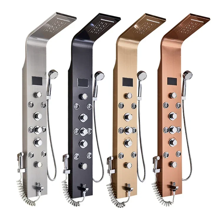 Настенная многофункциональная светодиодная термостатическая душевая панель для ванной комнаты с цифровым дисплеем
Настенная многофункциональная светодиодная термостатическая душевая панель для ванной комнаты с цифровым дисплеем