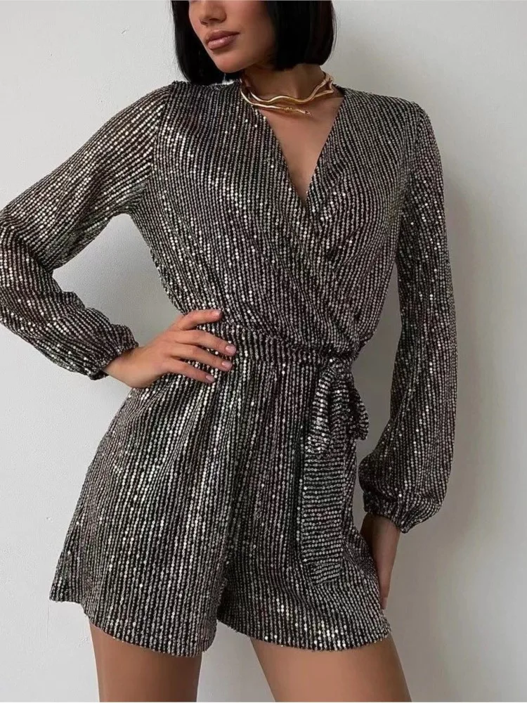 Women's Autumn New Collection Holiday Party Fashion Glitter Bubble Sleeves Long Sleeves Sexy V-neck Strap Waist Shorts
Women's Autumn New Collection Holiday Party Fashion Glitter Bubble Sleeves Long Sleeves Sexy V-neck Strap Waist Shorts
