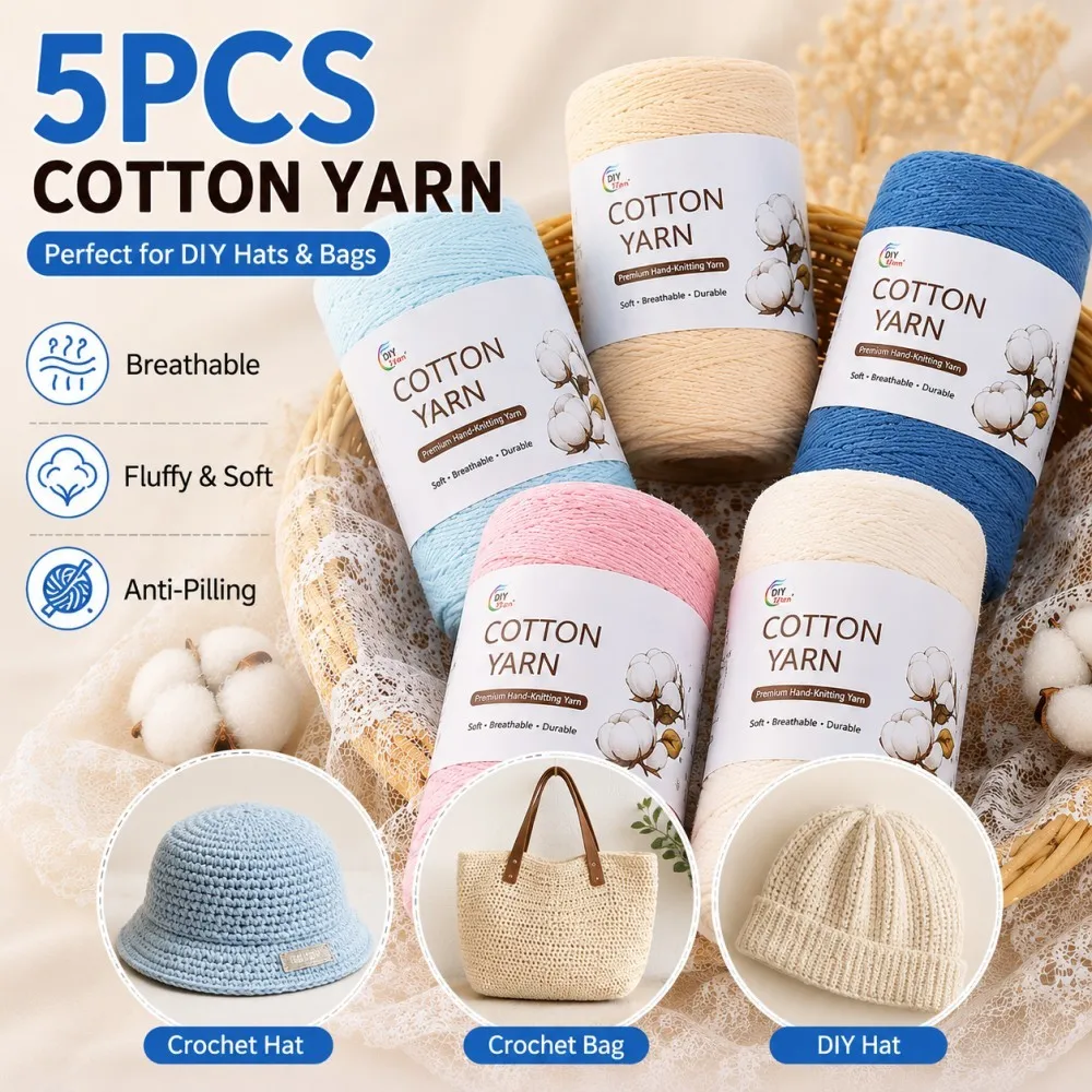 5PCS Hand Woven Cotton Yarn, Soft, Lightweight, Breathable Crochet Hook, DIY Hat, Environmentally Friendly, Durable, Non Fading
5PCS Hand Woven Cotton Yarn, Soft, Lightweight, Breathable Crochet Hook, DIY Hat, Environmentally Friendly, Durable, Non Fading