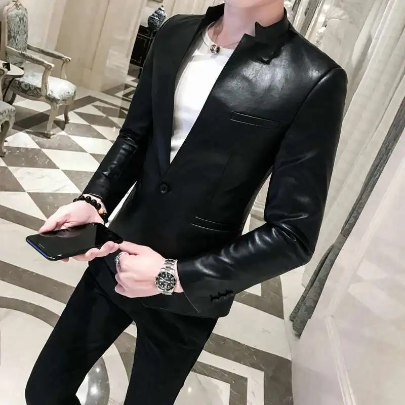 Однотонный черный приталенный Блейзер Hombre из искусственной кожи, мужская куртка на одной пуговице, деловая Повседневная Спортивные пиджаки для выпускного для мужчин, корейский костюм, пальто 
Однотонный черный приталенный Блейзер Hombre из искусственной кожи, мужская куртка на одной пуговице, деловая Повседневная Спортивные пиджаки для выпускного для мужчин, корейский костюм, пальто