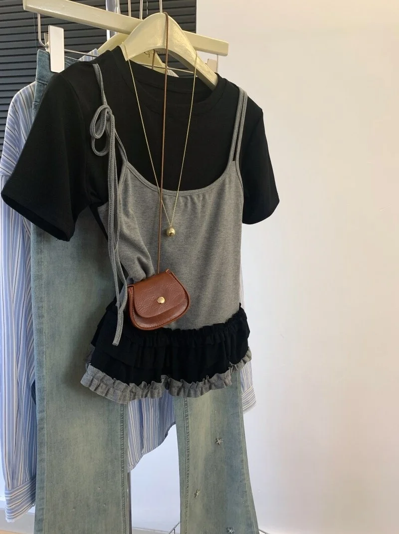 Korean Chic Splice Color Block Strap Short Sleeve T-Shirt Women's Slimming Sexy Ear Look Top Summer Fashion Casual Wear
Korean Chic Splice Color Block Strap Short Sleeve T-Shirt Women's Slimming Sexy Ear Look Top Summer Fashion Casual Wear