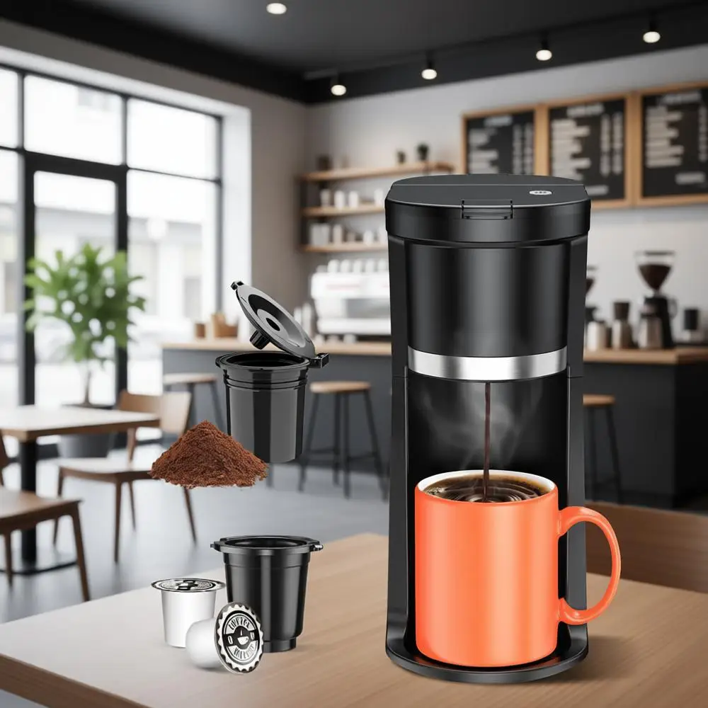 Compact Single-Serve Coffee Machine - Brews 1 Cup, K-Cup or Grounds, 6-12 oz Sizes, Detachable Carafe, Descaling Alert, Black
Compact Single-Serve Coffee Machine - Brews 1 Cup, K-Cup or Grounds, 6-12 oz Sizes, Detachable Carafe, Descaling Alert, Black