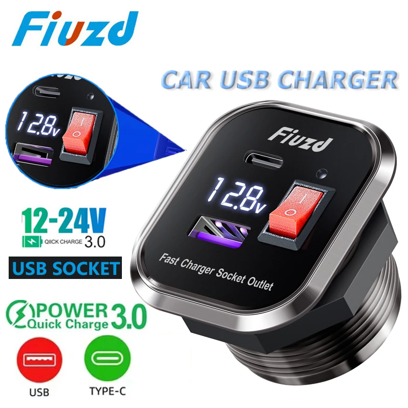 USB C Car Charger Socket 12V/24V Dual USB Socket PD3.0 and QC3.0 Car USB Port With LED Voltmeter and On/Off Switch
USB C Car Charger Socket 12V/24V Dual USB Socket PD3.0 and QC3.0 Car USB Port With LED Voltmeter and On/Off Switch