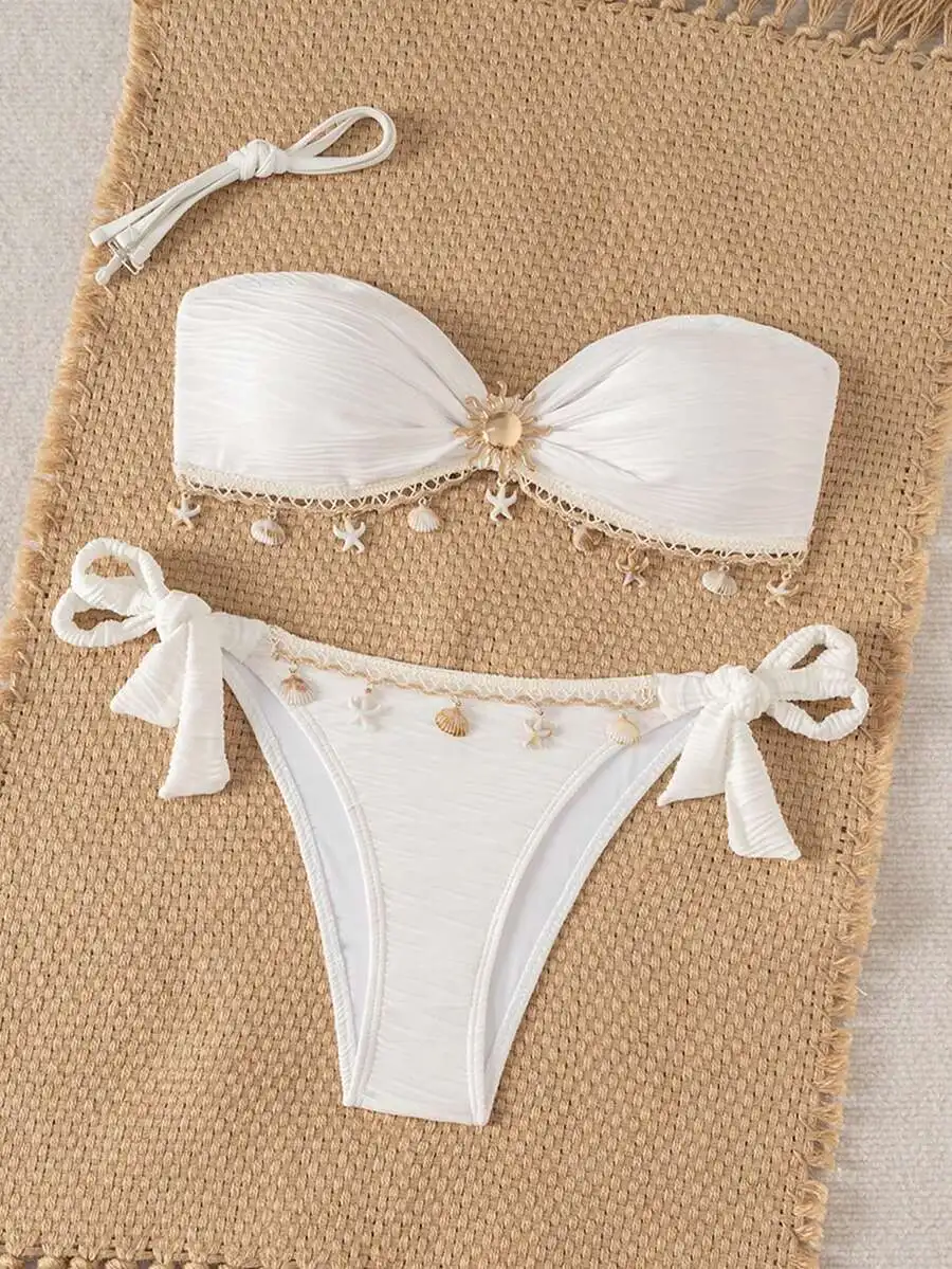 Womens Textured Bandeau Bikini Set With Starfish Shell Charms Beach Vacation Swimwear
Womens Textured Bandeau Bikini Set With Starfish Shell Charms Beach Vacation Swimwear