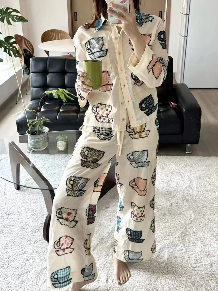 Tea Cup Print Women Cotton Set Autumn Single Breasted Turn-down Collar Long Sleeve Shirt + Elastic Waist Wide Leg Pants Suits
Tea Cup Print Women Cotton Set Autumn Single Breasted Turn-down Collar Long Sleeve Shirt + Elastic Waist Wide Leg Pants Suits