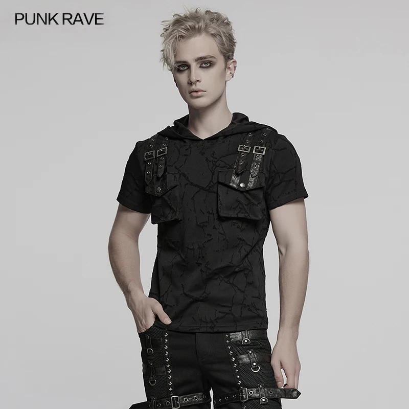PUNK RAVE Men's Punk Cracked Texture Versatile Hooded T-shirt Dual Pockets Highlight Personality Handsome Casual Dark Tops 
PUNK RAVE Men's Punk Cracked Texture Versatile Hooded T-shirt Dual Pockets Highlight Personality Handsome Casual Dark Tops