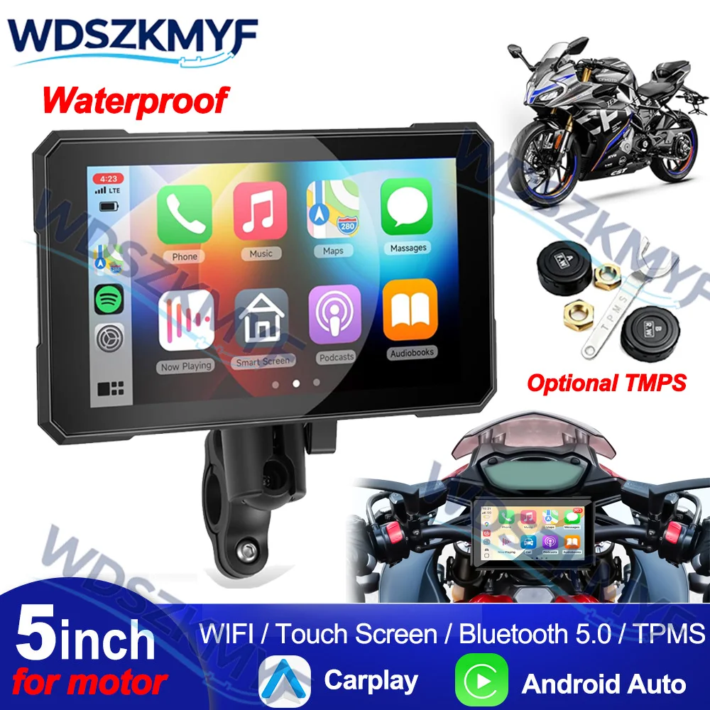 5 Inch Navigation Motorcycle CarPlay Screen Dual Bluetooth Wireless CarPlay and Android Auto IP67 Waterproof Support TPMS