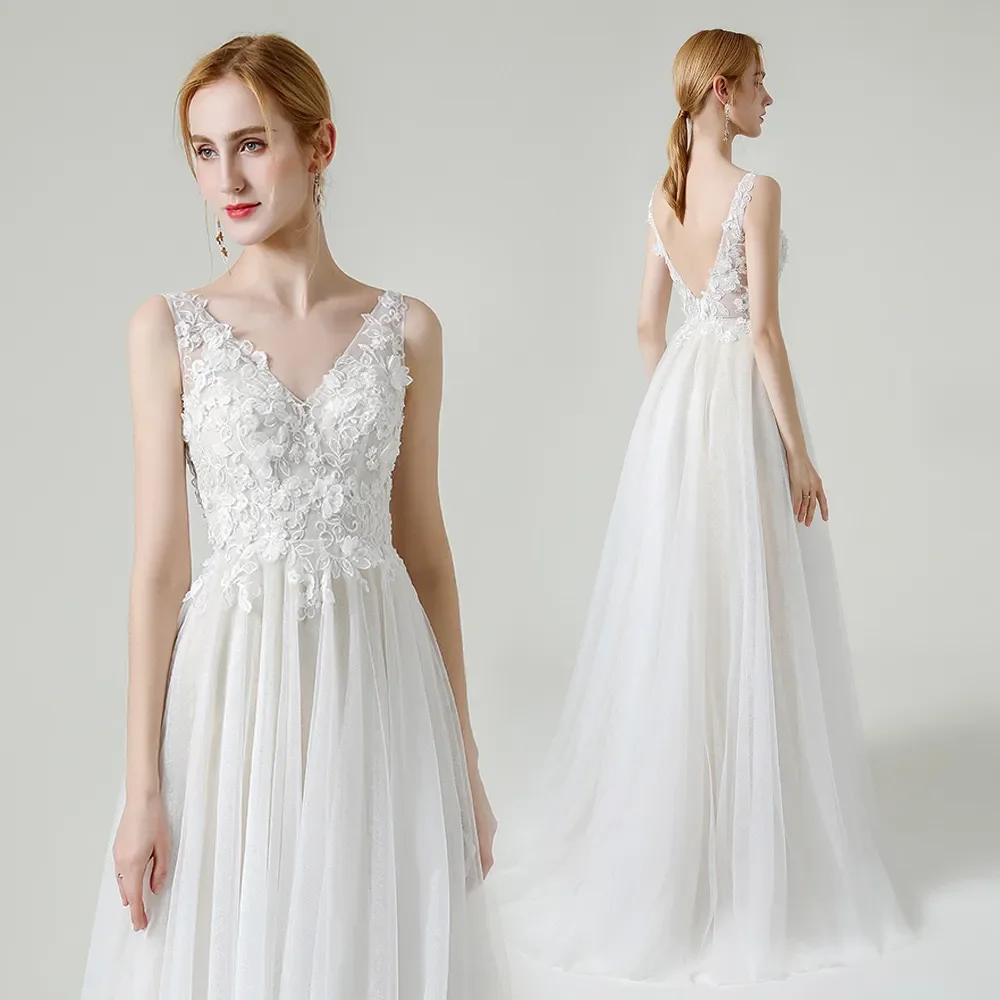 New elegant lace applique tulle sexy backless V-neck plus size bridal dress beach idyllic wedding photography Vestidos De Novia
New elegant lace applique tulle sexy backless V-neck plus size bridal dress beach idyllic wedding photography Vestidos De Novia