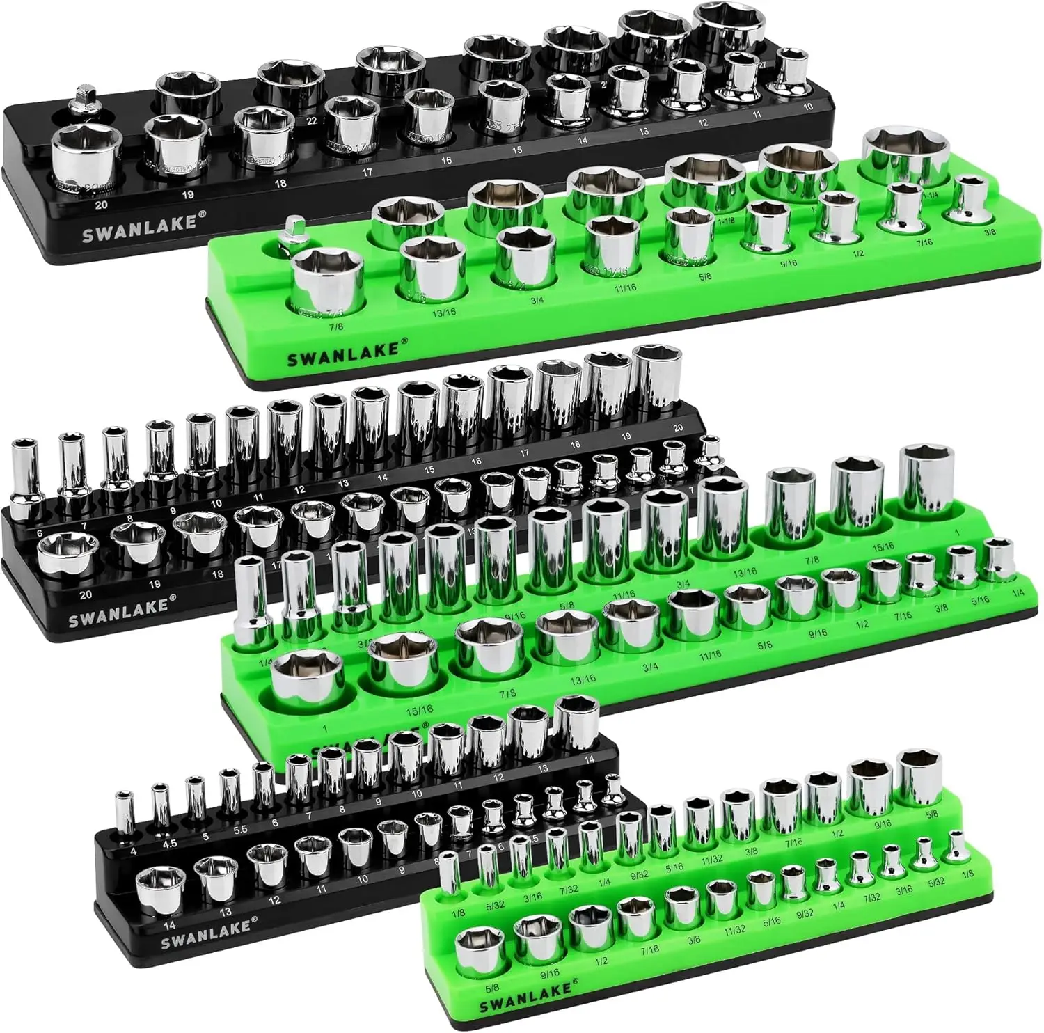 6-Piece Magnetic Socket Organizer Set with 143 Slots, Soft Rubber Cover for Tool Storage in Black and Green
6-Piece Magnetic Socket Organizer Set with 143 Slots, Soft Rubber Cover for Tool Storage in Black and Green