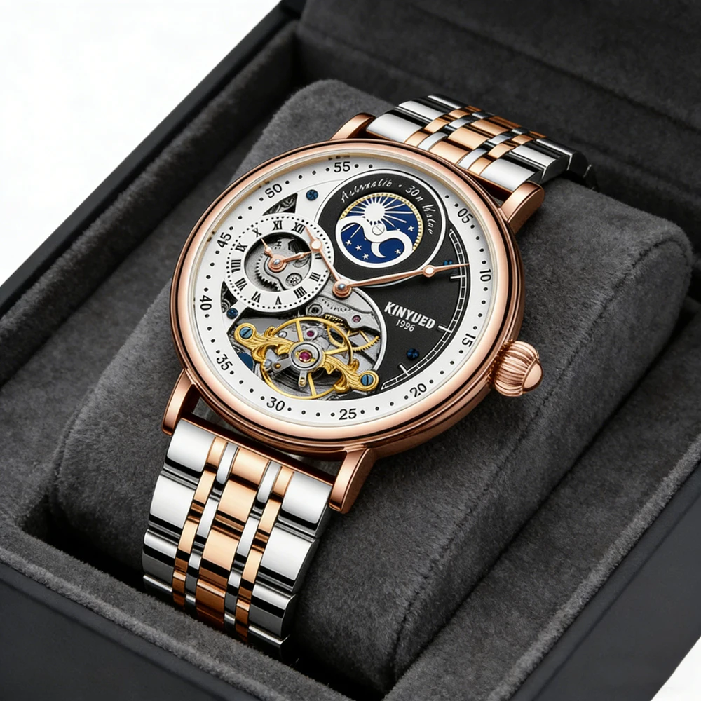 Механические часы KINYUED для мужчин с двумя часовыми поясами, турбийоном, кожаным ремешком, водонепроницаемые, автоматические наручные часы
Механические часы KINYUED для мужчин с двумя часовыми поясами, турбийоном, кожаным ремешком, водонепроницаемые, автоматические наручные часы
