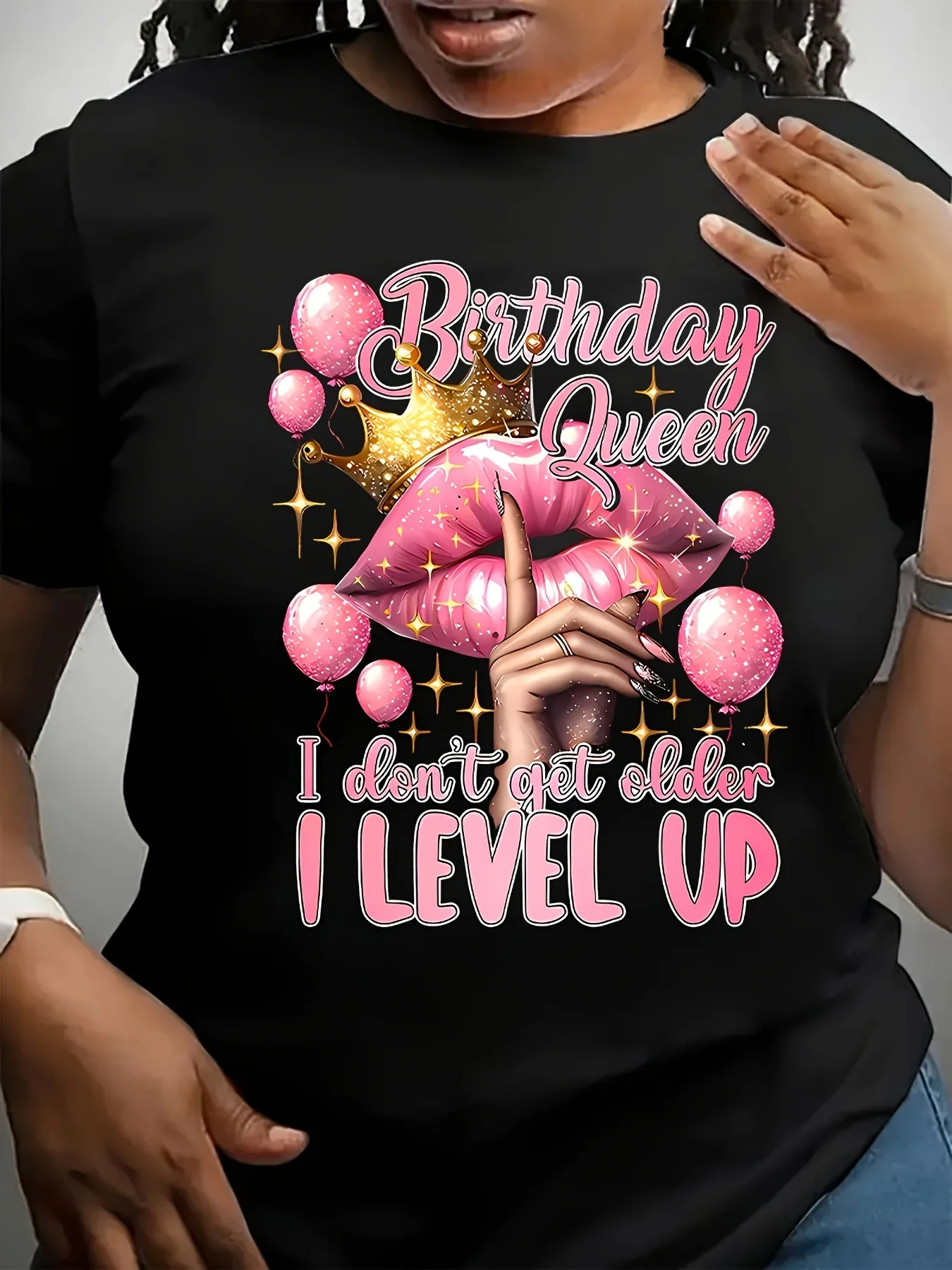 Plus - Size Black Round Neck T - Shirt with 'Birthday Queen' Glamorous Print and Empowering Quote: Festive and Sassy
Plus - Size Black Round Neck T - Shirt with 'Birthday Queen' Glamorous Print and Empowering Quote: Festive and Sassy