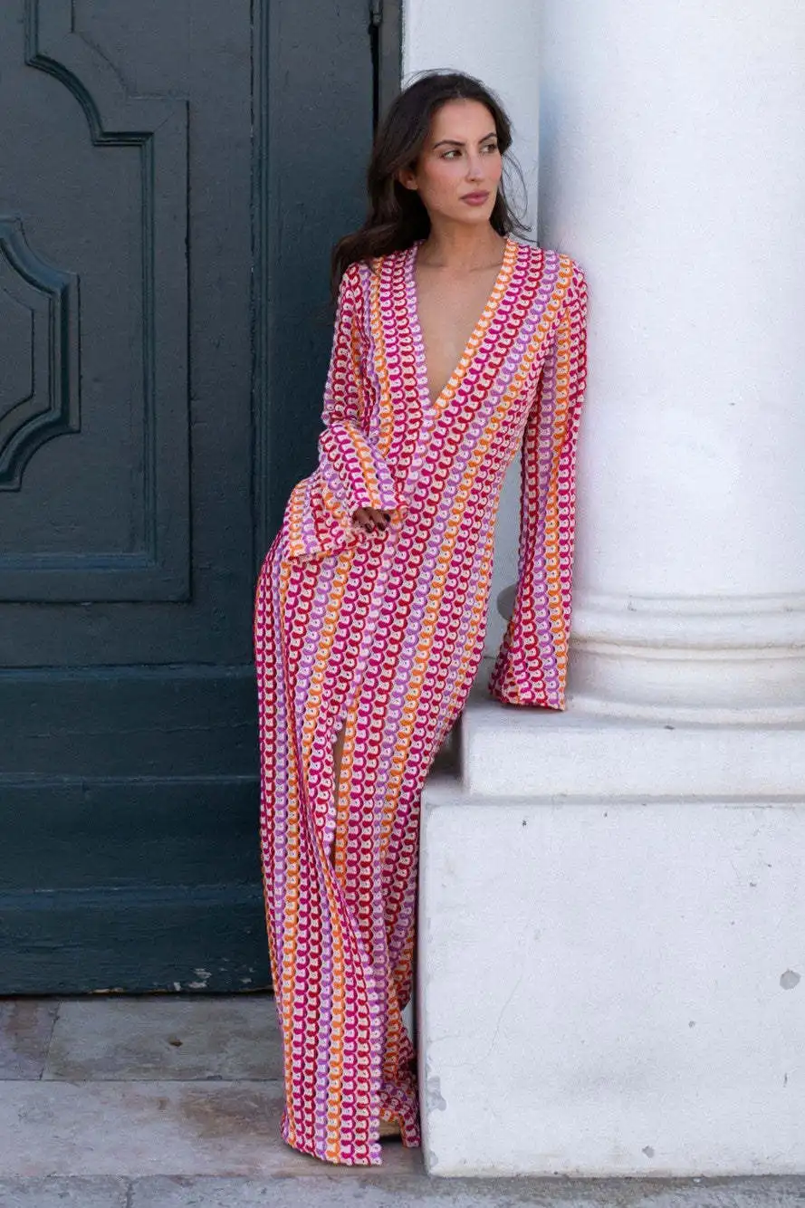 Crochet Colorful Stripe Maxi Dress Women Flare Sleeve V-neck High Split Sexy Long Dresses 2026 New Autumn Beach Banquet Vestidos
Crochet Colorful Stripe Maxi Dress Women Flare Sleeve V-neck High Split Sexy Long Dresses 2026 New Autumn Beach Banquet Vestidos