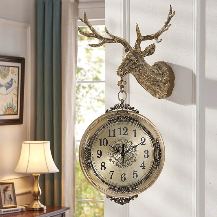 European silent double-sided wall clock brass deer head wall clock living room American clock household large decorative two-sid
European silent double-sided wall clock brass deer head wall clock living room American clock household large decorative two-sid