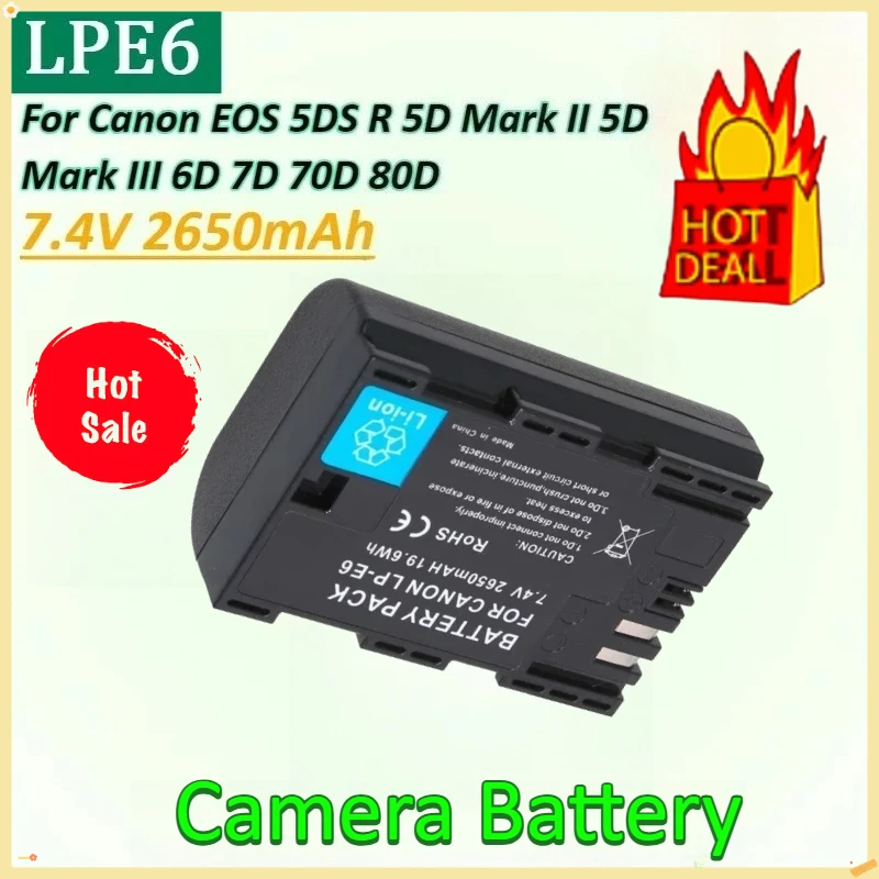 7.4V 2650mAh LP E6 LPE6 LP-E6 E6N Camera Battery for Canon 5DS EOS R 5D Mark II 5D Mark III 70D 6D 7D 80D Lithium Battery 
7.4V 2650mAh LP E6 LPE6 LP-E6 E6N Camera Battery for Canon 5DS EOS R 5D Mark II 5D Mark III 70D 6D 7D 80D Lithium Battery