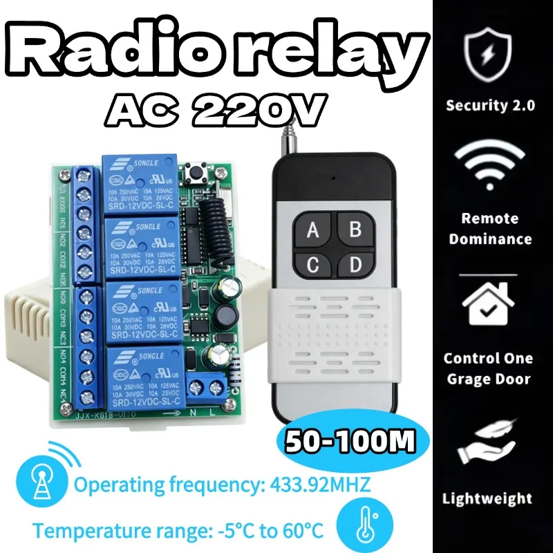 433MHz Universal Wireless Remote Control Switch AC 220V 230V 10A RF Receiver,50m Transmitter,for Garage Door Motor Lamp DIY
433MHz Universal Wireless Remote Control Switch AC 220V 230V 10A RF Receiver,50m Transmitter,for Garage Door Motor Lamp DIY