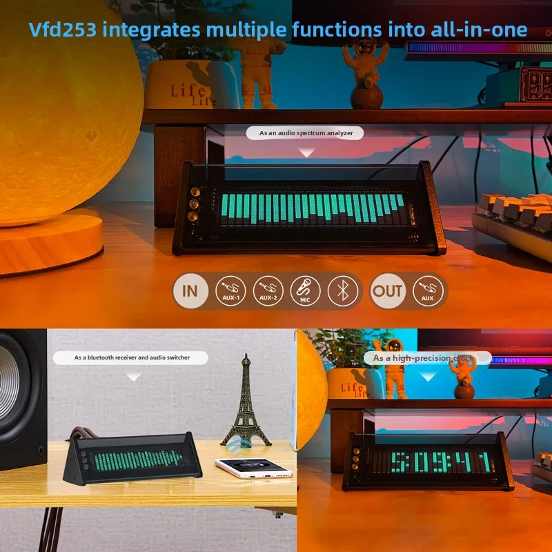 VFD253 Music Spectrum Analyzer 2-Way Audio Switcher Voice-Controlled Level Indicator Bluetooth 5.0 Receiver Retro Clock
VFD253 Music Spectrum Analyzer 2-Way Audio Switcher Voice-Controlled Level Indicator Bluetooth 5.0 Receiver Retro Clock