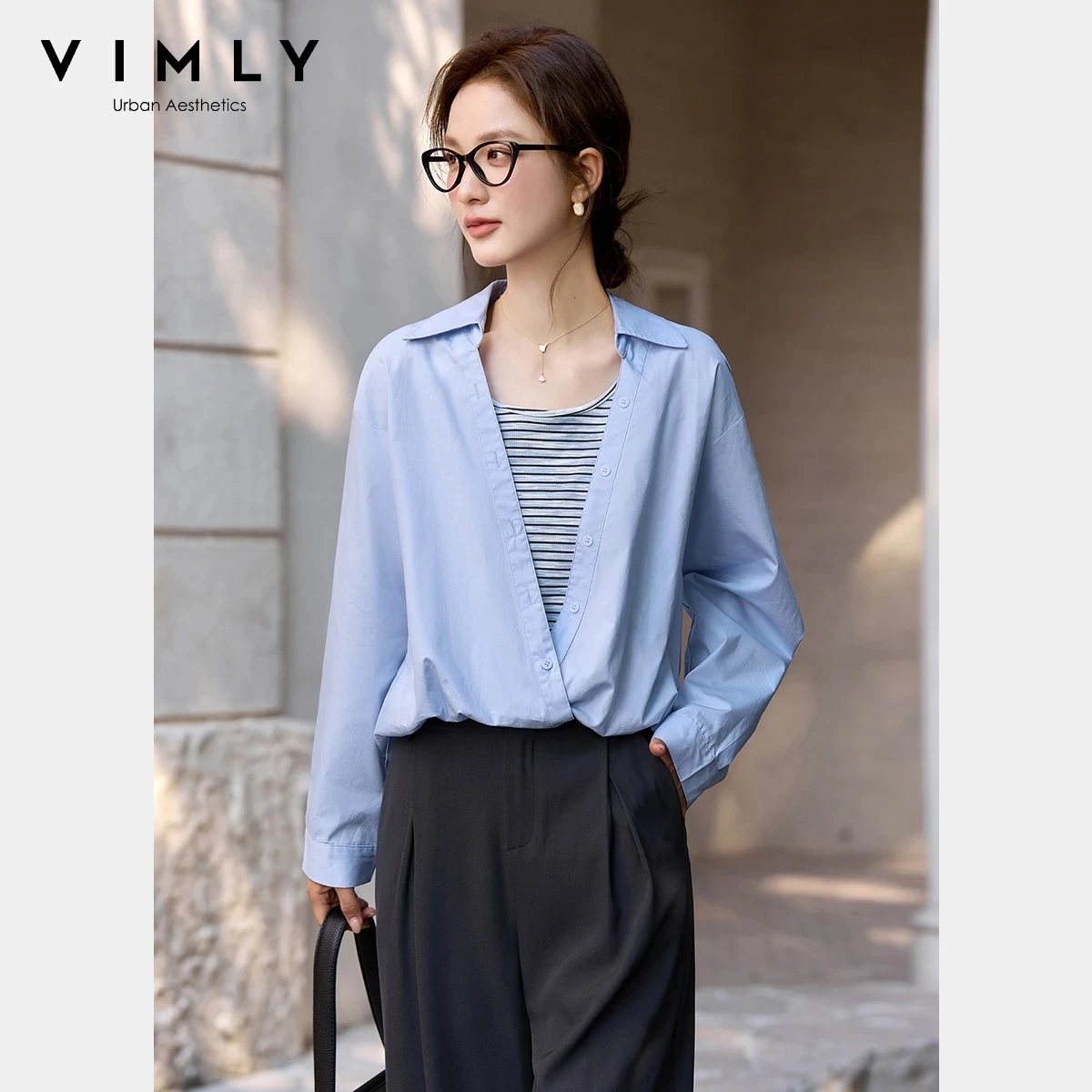 VIMLY Women's Fake Two-Piece Shirt 2026 Spring New Light Blue Contrast Stripe Layered Pullover Top Commute Casual Blouse 30621
VIMLY Women's Fake Two-Piece Shirt 2026 Spring New Light Blue Contrast Stripe Layered Pullover Top Commute Casual Blouse 30621