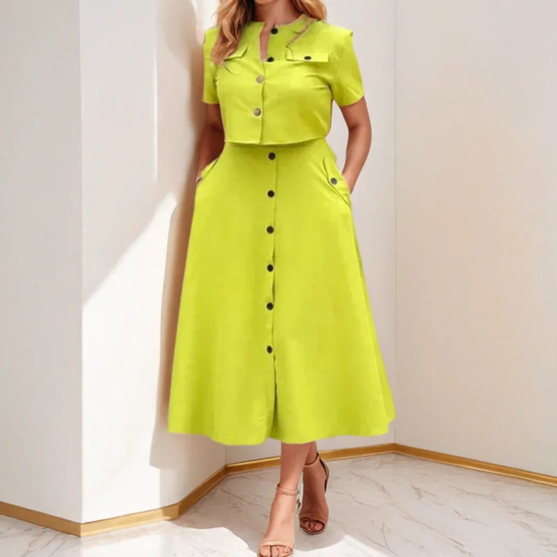 Spring Summer New Skirts Shirt Women's Two-piece Set Elegant O Neck Short-sleeved Button Top High Waist Skirt 2-piece Suit Woman
Spring Summer New Skirts Shirt Women's Two-piece Set Elegant O Neck Short-sleeved Button Top High Waist Skirt 2-piece Suit Woman