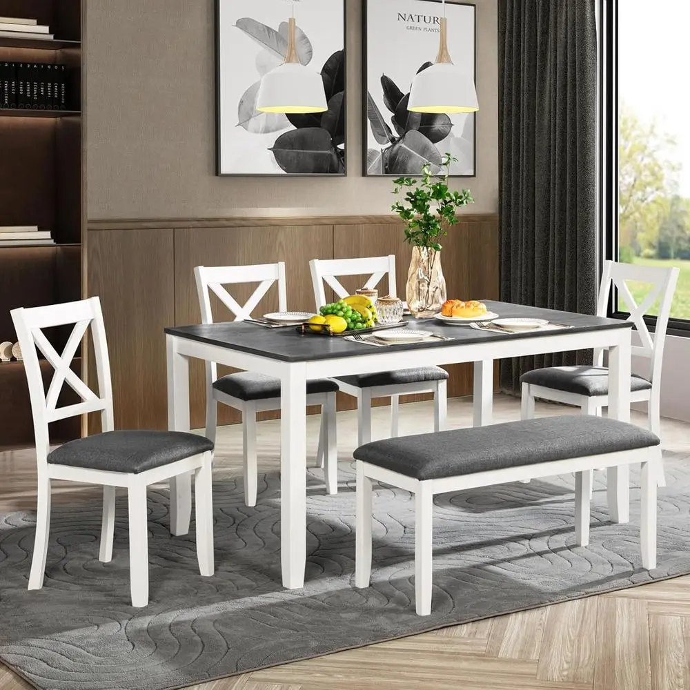 6-Piece Wooden Dining Set with 4 Upholstered Chairs & Bench, Grey and White Kitchen Table
6-Piece Wooden Dining Set with 4 Upholstered Chairs & Bench, Grey and White Kitchen Table