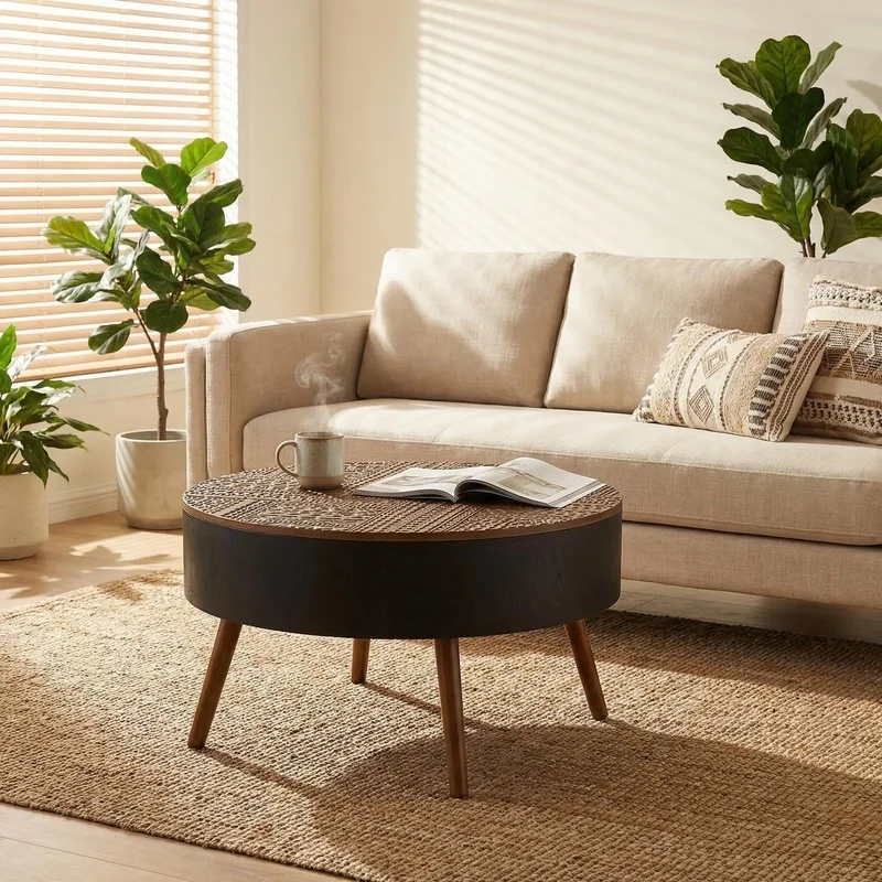 31.5-inch Round Coffee Table with Engraved Top and Storage, Modern Accent Table for Small Living Rooms
31.5-inch Round Coffee Table with Engraved Top and Storage, Modern Accent Table for Small Living Rooms