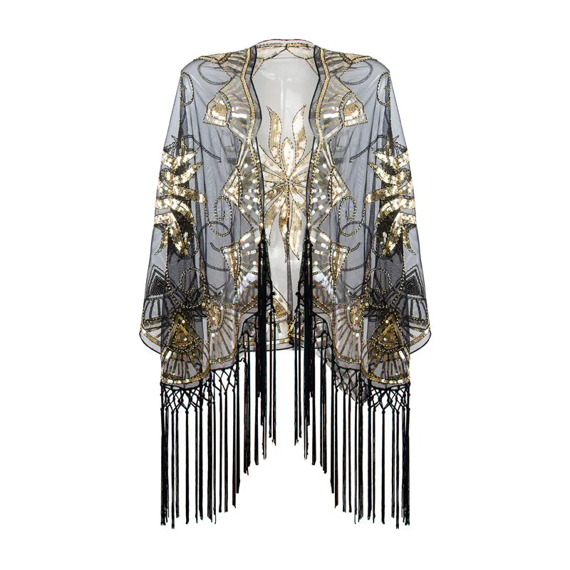 1920s Gatsby Sequin Fringe Kimono For Women Art Deco Sheer Mesh Beaded Embellished Vintage Flapper Party Evening Shawl
1920s Gatsby Sequin Fringe Kimono For Women Art Deco Sheer Mesh Beaded Embellished Vintage Flapper Party Evening Shawl