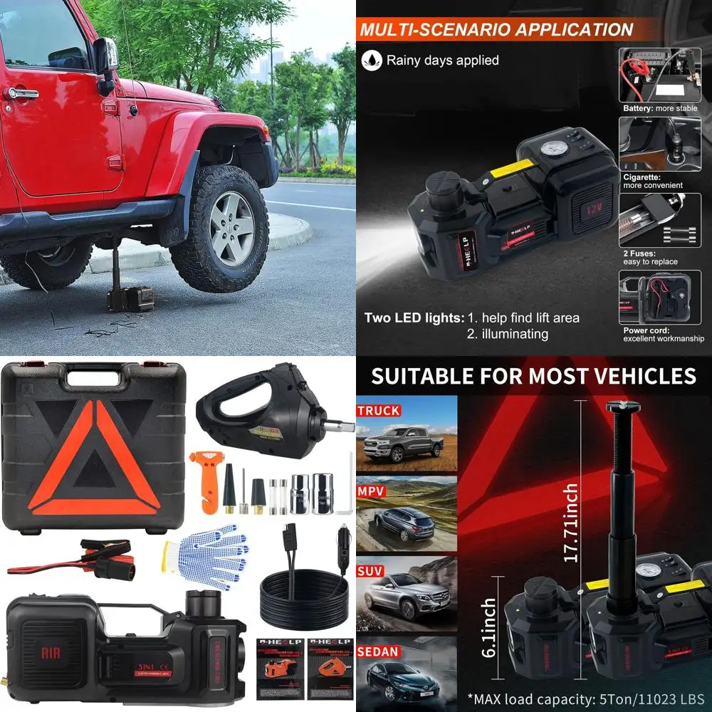 Портативный домкрат для электромобиля 12 В, емкость 5 тонн, диапазон подъема 6,1–17,7 дюйма, надувной насос и ударный гайковерт в комплекте для замены шин и
Портативный домкрат для электромобиля 12 В, емкость 5 тонн, диапазон подъема 6,1–17,7 дюйма, надувной насос и ударный гайковерт в комплекте для замены шин и